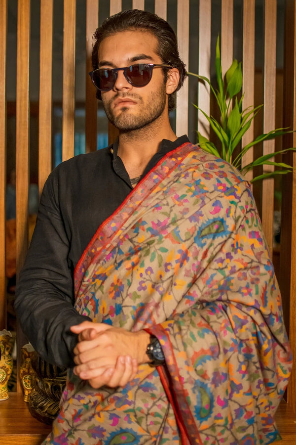 Shawl draped to show the all-over Kani floral design running edge to edge on natural beige ground
