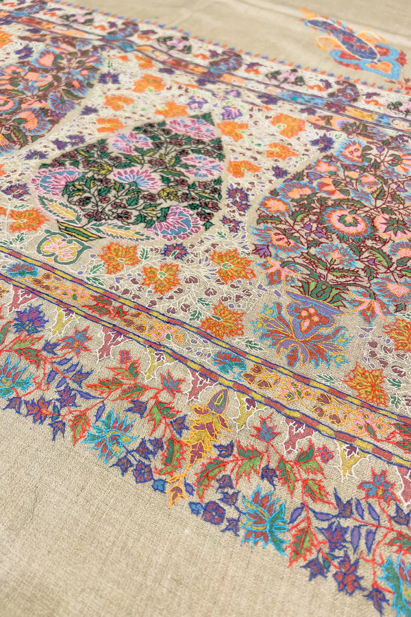 Corner detail showing kalamkari painting, thread outline embroidery and tight Pashmina weave