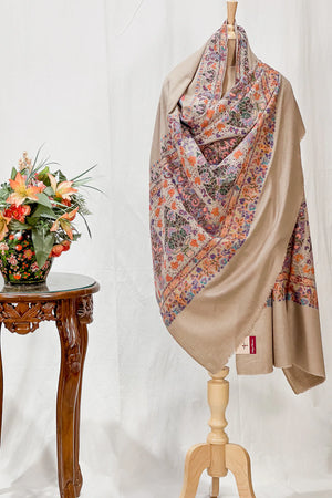 Natural beige pure Pashmina shawl with kalamkari hand painting and thread-outlined hand embroidery, full length view