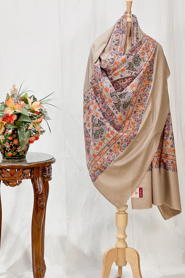 Natural beige pure Pashmina shawl with kalamkari hand painting and thread-outlined hand embroidery, full length view
