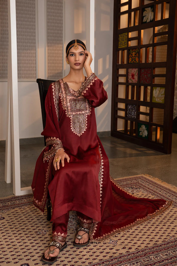 #Maroon - cotton satin Kashmiri suit set with zari embroidery on yoke, straight kurta, pants, and semi organza dupatta