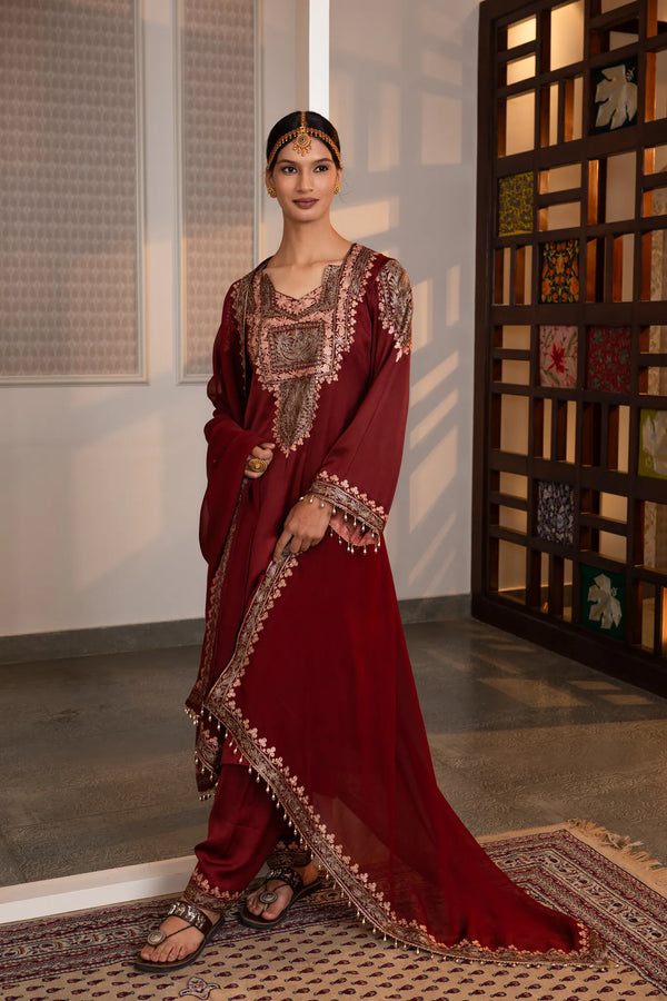 #Maroon - Full-length front view of maroon straight kurta with dense zari-embroidered yoke and matching straight pants