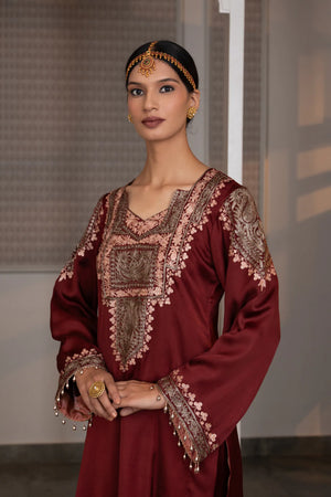 #Maroon - Close-up of embroidered v-neck yoke panel showing paisley and floral vine zari motifs in rose-pink and antique gold tones