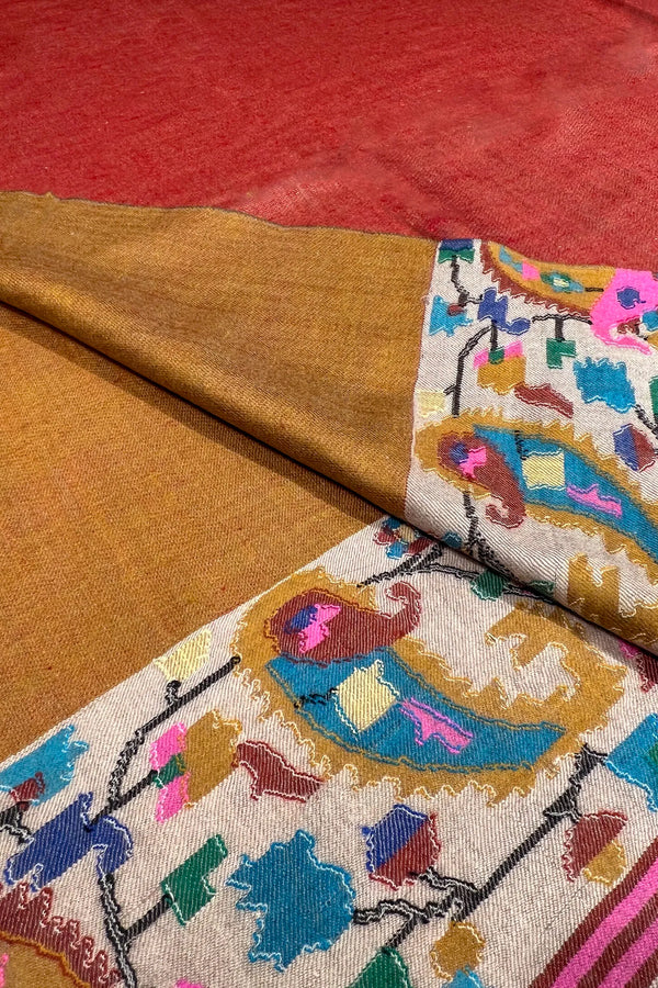 Close-up of embroidered fabric with colorful patterns on a red background