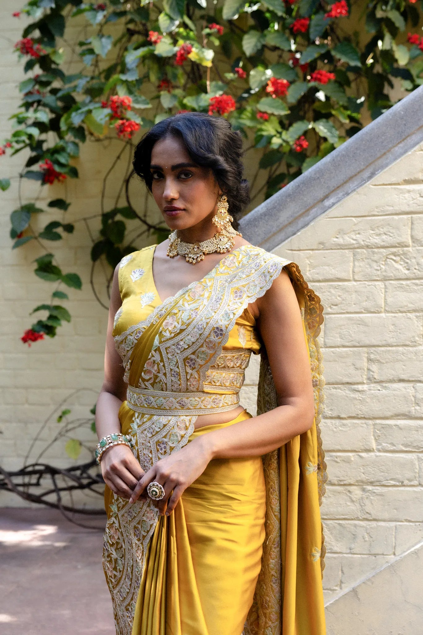 Rashk Mustard Saree with Aari and Tilla Embroidery | Angad Creations