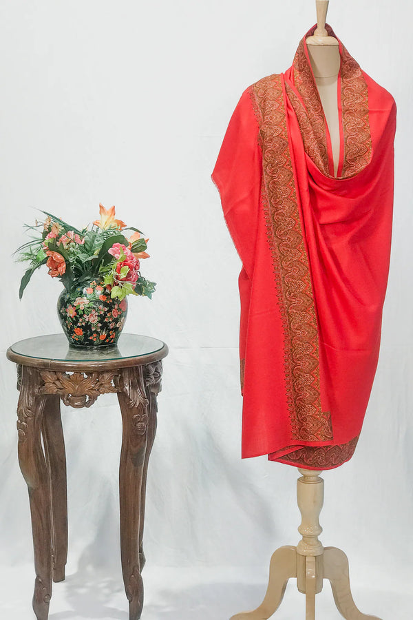Red Soft Fine Wool Shawl with Sozni Embroidery (Paisley)