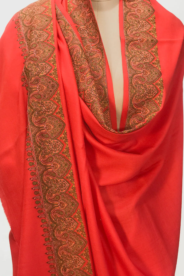 Red Soft Fine Wool Shawl with Sozni Embroidery (Paisley)