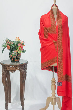 Red Soft Fine Wool Shawl with Sozni Embroidery (Paisley)