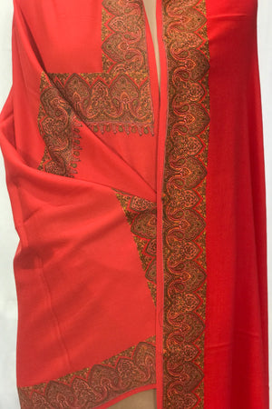 Red Soft Fine Wool Shawl with Sozni Embroidery (Paisley)