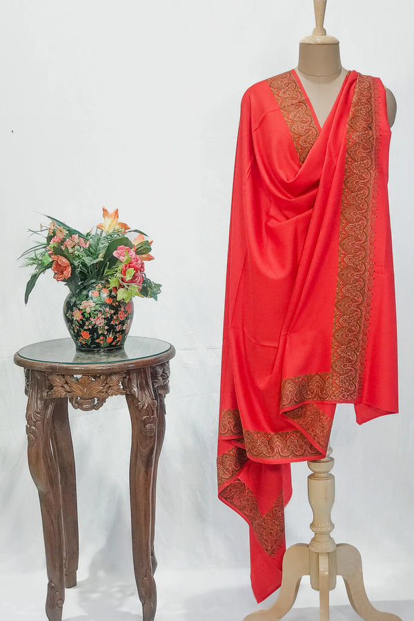 Red Soft Fine Wool Shawl with Sozni Embroidery (Paisley)