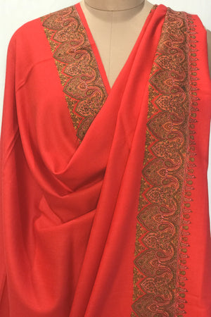 Red Soft Fine Wool Shawl with Sozni Embroidery (Paisley)