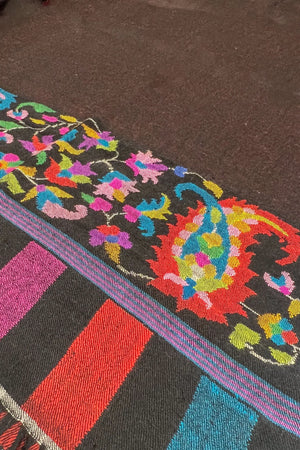 Colorful embroidered fabric with intricate patterns on a dark background