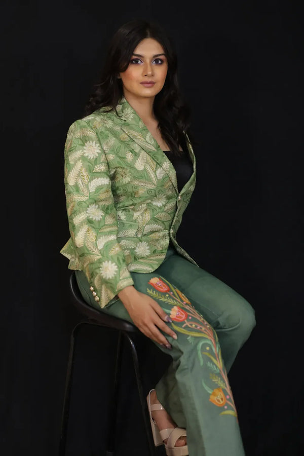 Sage Blossom Embroidered Women's Blazer