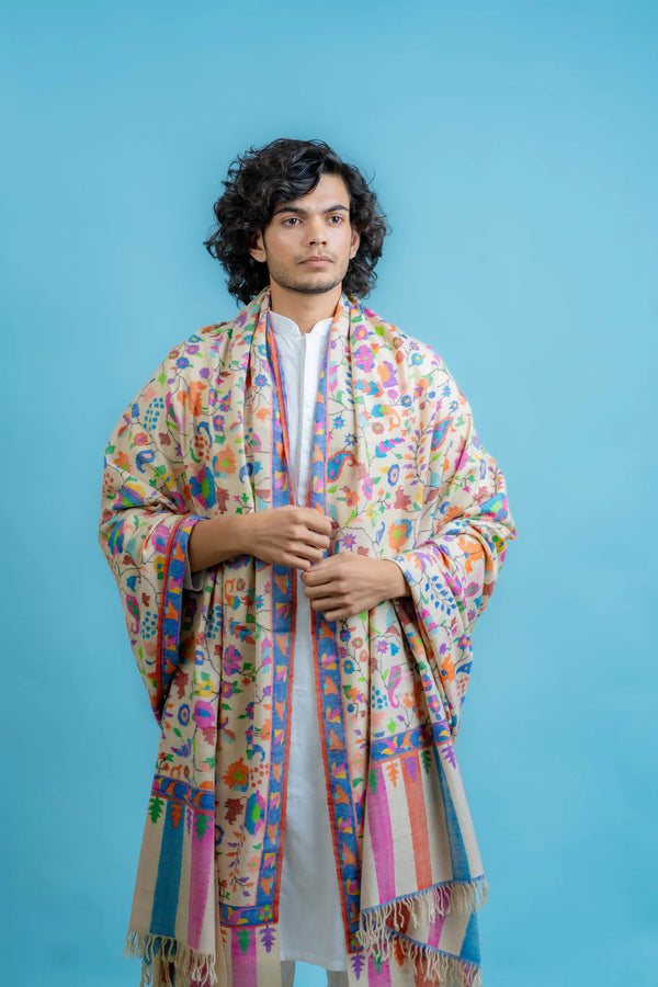 Off-white pure pashmina kani shawl with all-over multi-coloured floral hand-woven design, full length view