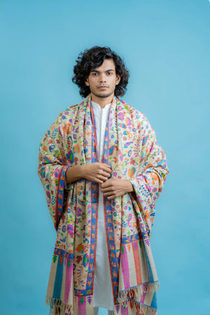 Close-up of kani woven multi-coloured floral pattern across the field of the off-white pashmina shawl