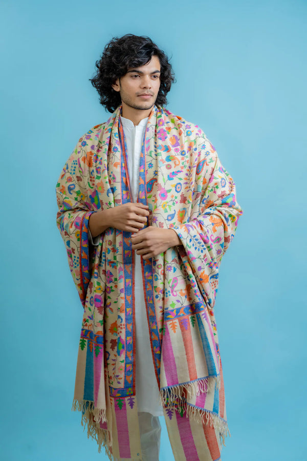 Border detail of the off-white kani pashmina shawl showing tight weave and floral motif density