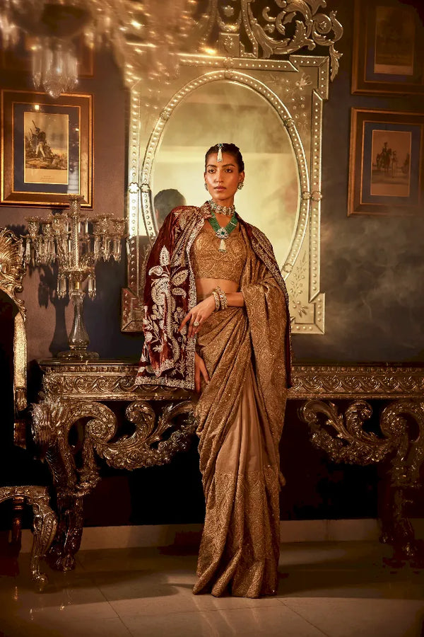 Woman in a saree standing in an ornate room with a mirror and chandelier.