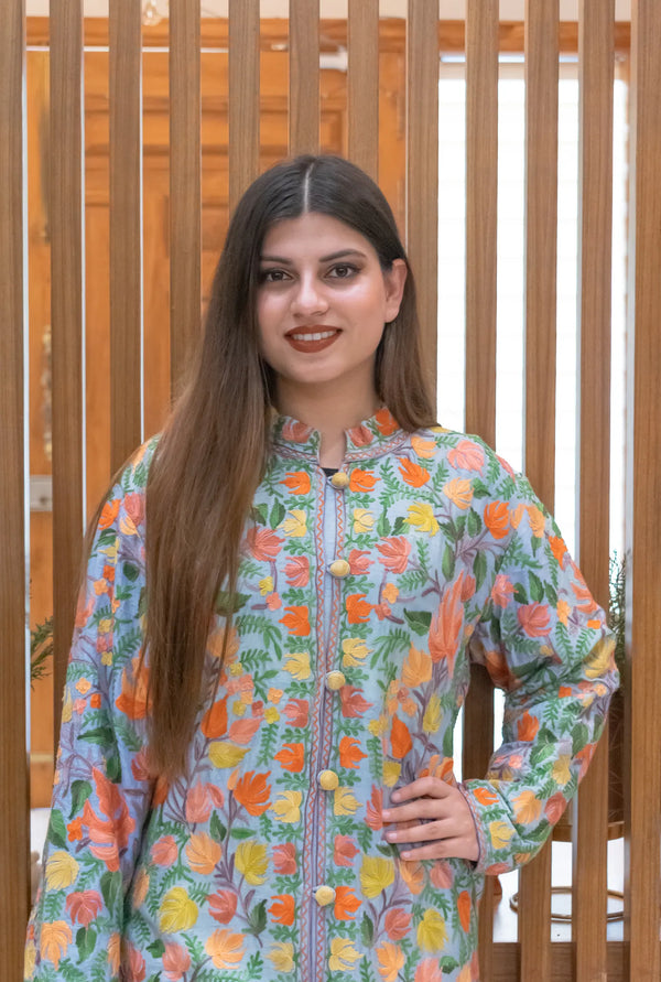 Sky Blue Floral Jaal Embroidered Coat