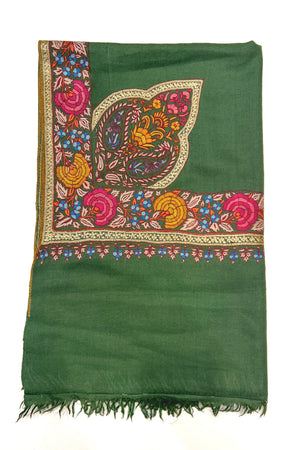 Green Pure Pashmina Shawl With Hand Sozni & Tilla Border Design