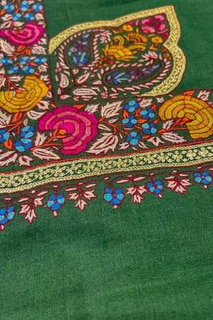 Green Pure Pashmina Shawl With Hand Sozni & Tilla Border Design