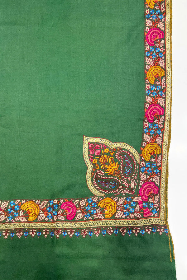 Green Pure Pashmina Shawl With Hand Sozni & Tilla Border Design