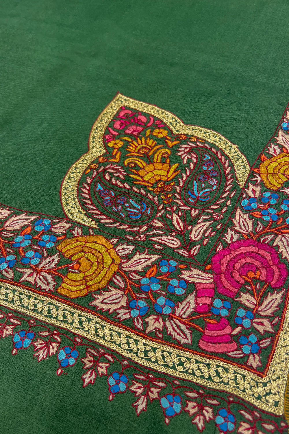 Green Pure Pashmina Shawl With Hand Sozni & Tilla Border Design