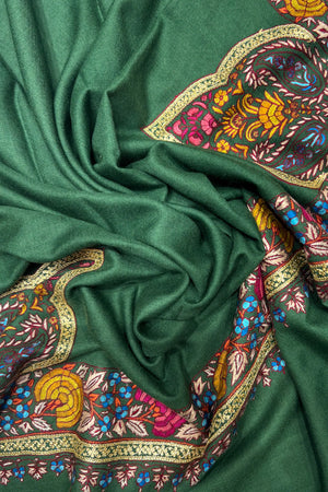 Green Pure Pashmina Shawl With Hand Sozni & Tilla Border Design