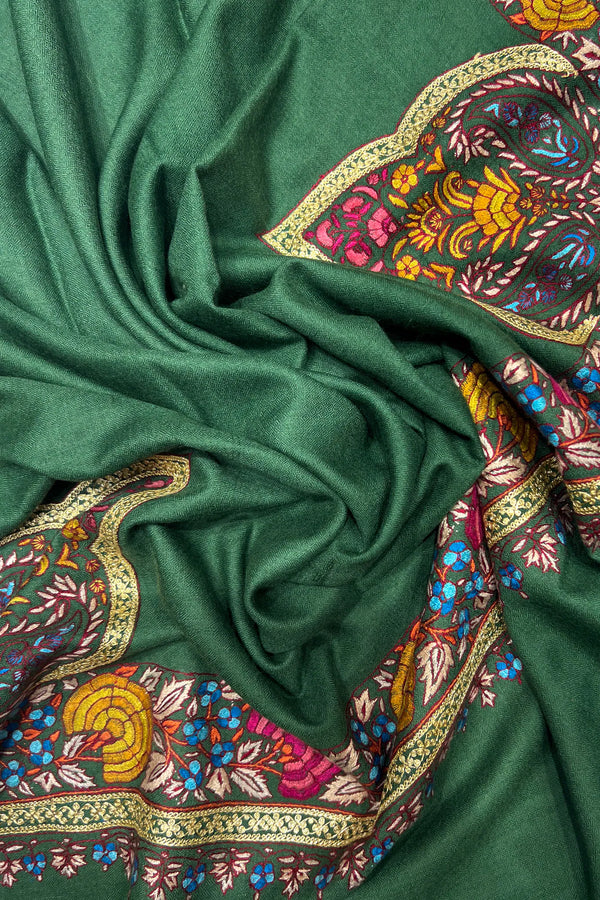 Green Pure Pashmina Shawl With Hand Sozni & Tilla Border Design