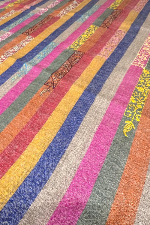 Colorful striped fabric with floral patterns on a multicolored background