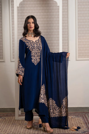 #NavyBlue - Indian crepe suit set with dull-gold zari Kashmiri embroidery; front view showing dense chest panel and dupatta.