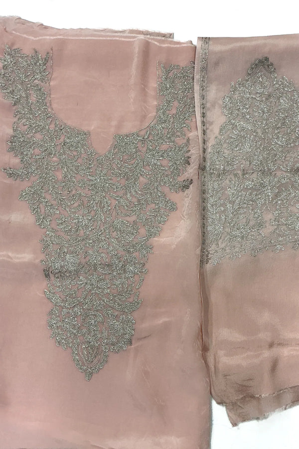 #Peach - Unstitched peach Indian crepe kurta fabric and sleeve piece showing same dull-gold/silver zari V-neck embroidery panel layout.