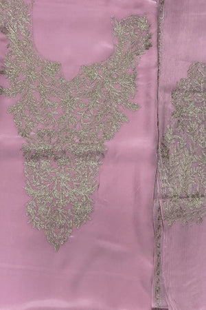 #Pink - Unstitched pink Indian crepe kurta fabric and sleeve piece with silver-tone zari V-neck chest panel and matching sleeve work.
