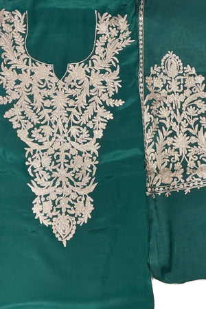 #BottleGreen - Unstitched bottle green Indian crepe kurta fabric with silver-tone zari V-neck embroidery panel and matching embroidered sleeve piece.