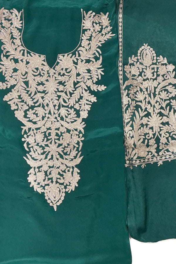 #BottleGreen - Unstitched bottle green Indian crepe kurta fabric with silver-tone zari V-neck embroidery panel and matching embroidered sleeve piece.