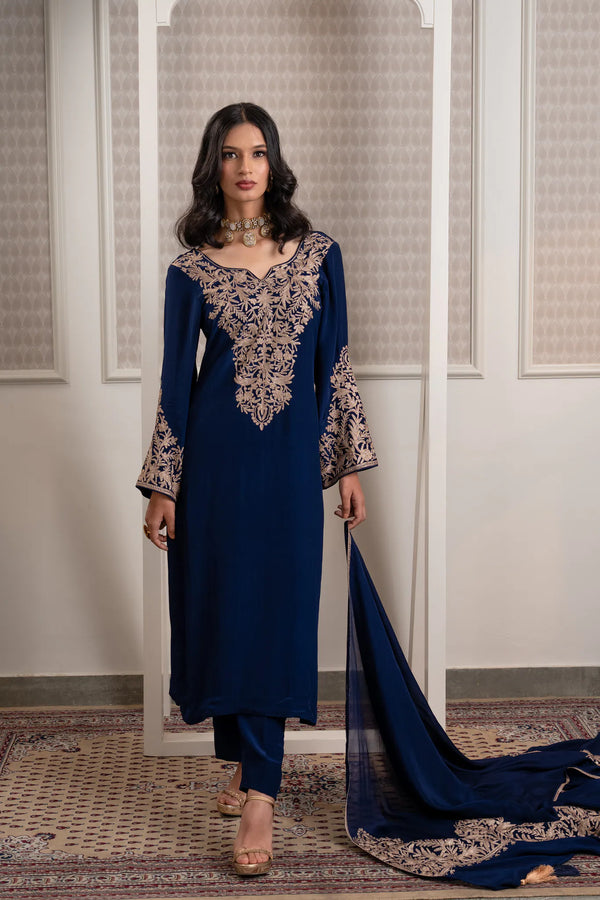 #NavyBlue - Front full-length view of navy blue straight kurta with gold zari chest panel, flared cuffs, and georgette dupatta trailing.