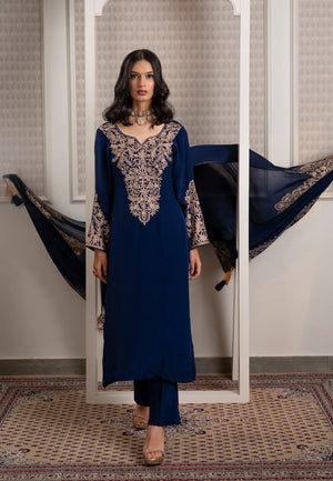 #NavyBlue - Front view showing kurta silhouette, V-neck zari panel, flared bell sleeves, and dupatta spread to the side.