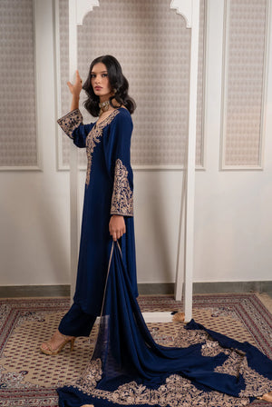 #NavyBlue - Side profile view highlighting straight kurta length, bell sleeves with zari cuffs, and georgette dupatta with embroidered border.