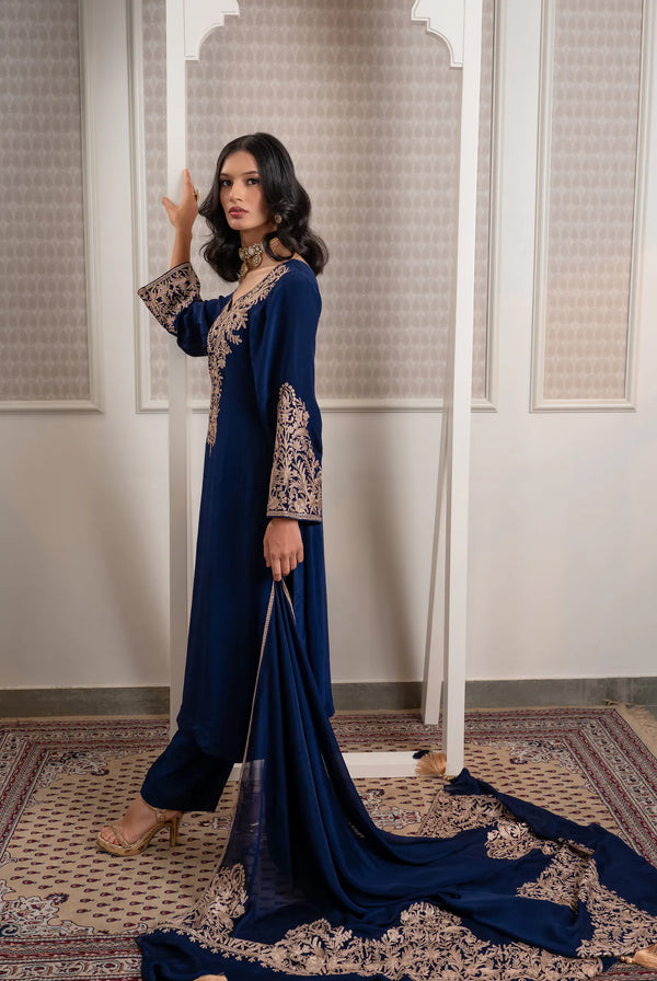 #NavyBlue - Side profile view highlighting straight kurta length, bell sleeves with zari cuffs, and georgette dupatta with embroidered border.