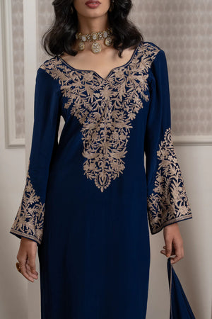 #NavyBlue - Close-up of front neckline panel and embroidered bell cuffs; scrolling floral vine motifs in dull gold on navy fabric.