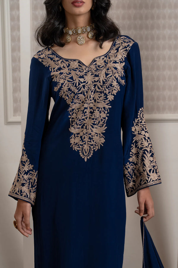 #NavyBlue - Close-up of front neckline panel and embroidered bell cuffs; scrolling floral vine motifs in dull gold on navy fabric.