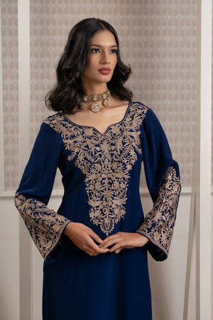 #NavyBlue - Upper-body close-up showing zari chest panel, flared cuffs, and georgette dupatta edge with thin zari border.