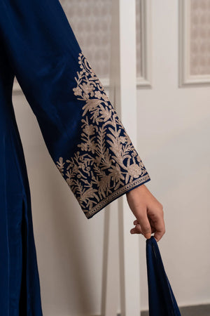 #NavyBlue - Sleeve detail close-up showing heavily embroidered flared bell cuff with floral vine and leaf motifs in dull gold.