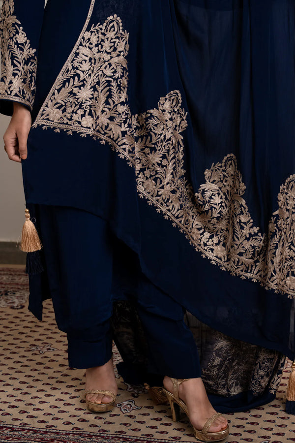 #NavyBlue - Lower-body detail showing straight navy pants, kurta hem with side slit, and wide embroidered georgette dupatta border with tassels.