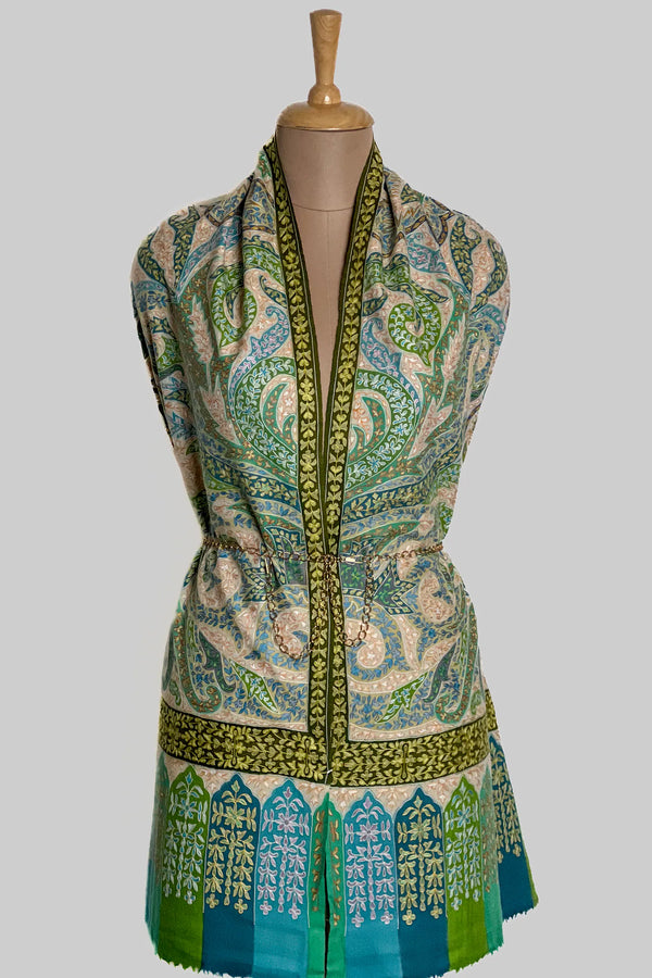 Multi-colour pure pashmina stole with all-over kalamkari hand paint and sozni embroidery, full length view