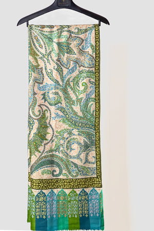 Hand sozni embroidery detail across the body of a multi-colour pashmina stole