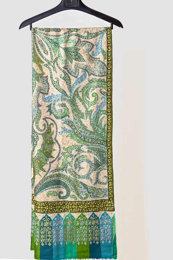 Hand sozni embroidery detail across the body of a multi-colour pashmina stole