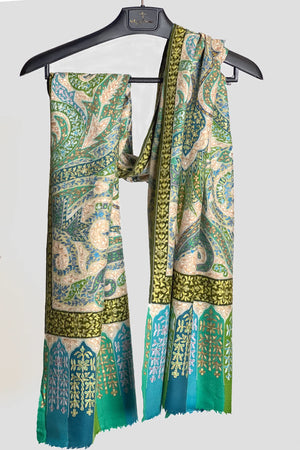 Pure pashmina Kalamkari stole draped over shoulders showing full width and painted field