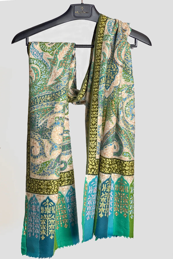 Pure pashmina Kalamkari stole draped over shoulders showing full width and painted field