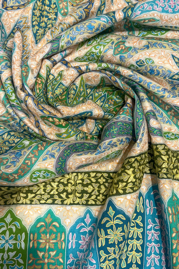 Corner detail of pashmina stole showing where kalamkari border meets the sozni-embroidered body