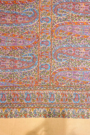 Close detail of multi-colour kalamkari painting and thread outline work on pure pashmina